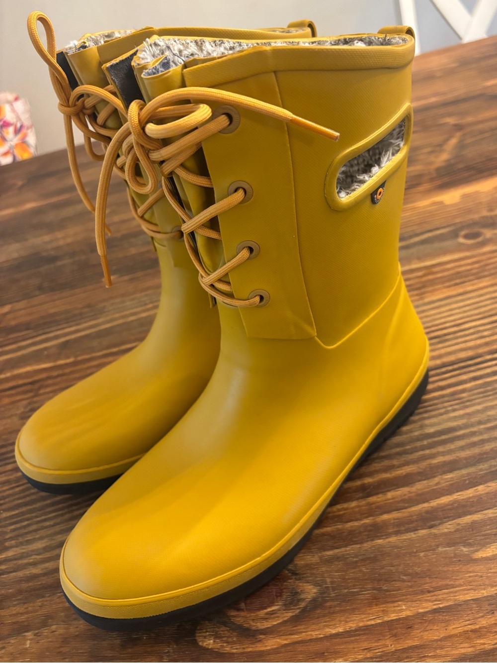 Bogs Amanda II Lace Waterproof Faux Fur Lined Rain Boots Mustard Yellow Women’s